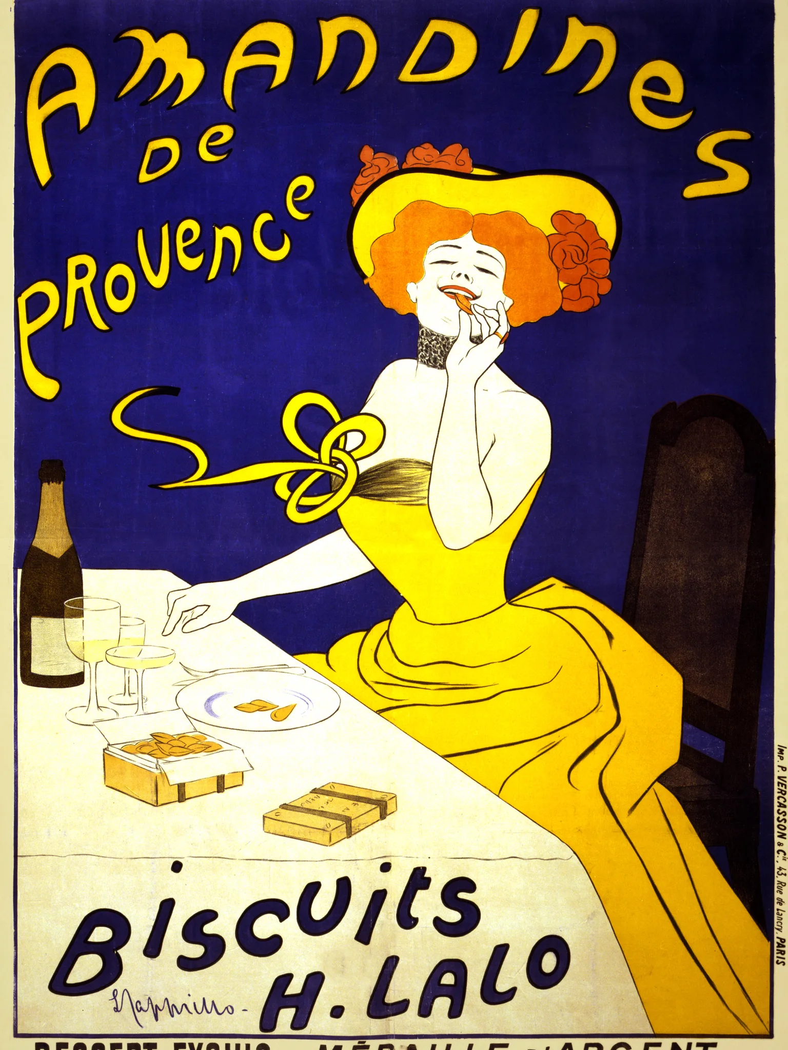 bitter almond cookie: Amandines de Provence. Biscuits H. Lalo. Dessert exquis, medaille d'argent, Exposition Universelle, Paris 1900. Poster shows a woman eating almond cookies
