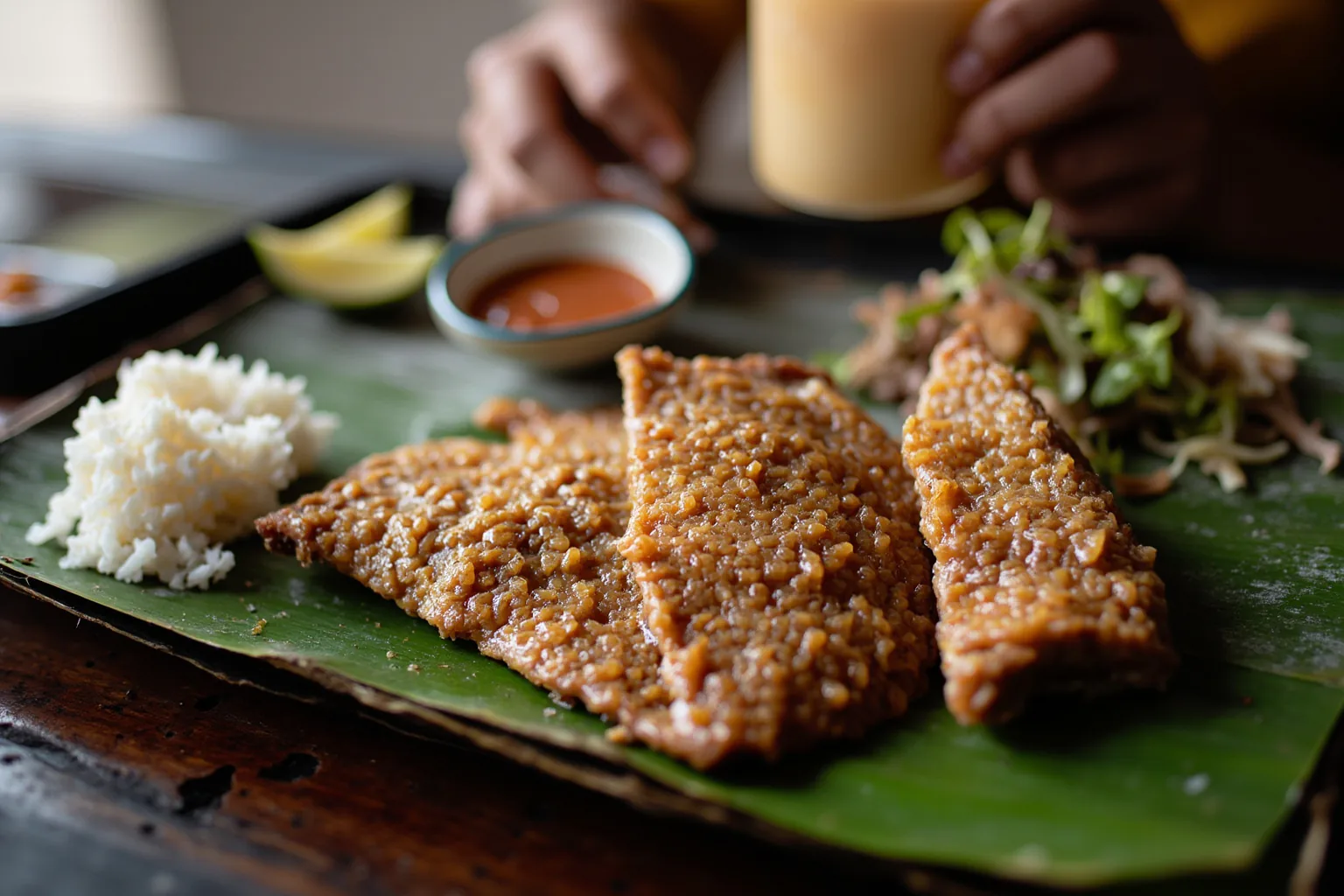 Balinese babi guling: spit-roasted pork with a thick bubbly golden-brown crackling skin, served on a banana leaf with rice, sambal matah and lawar, at a Balinese warung