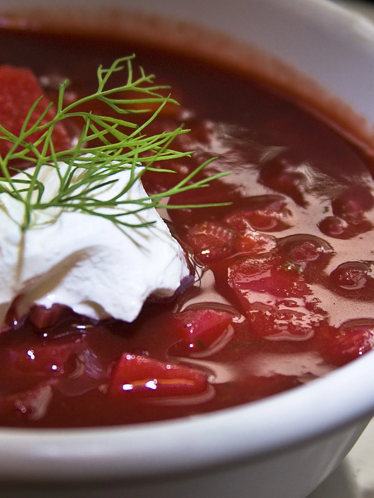 Borscht: Borsch can be served hot or cold. It is usually served with sour cream and sometimes dill