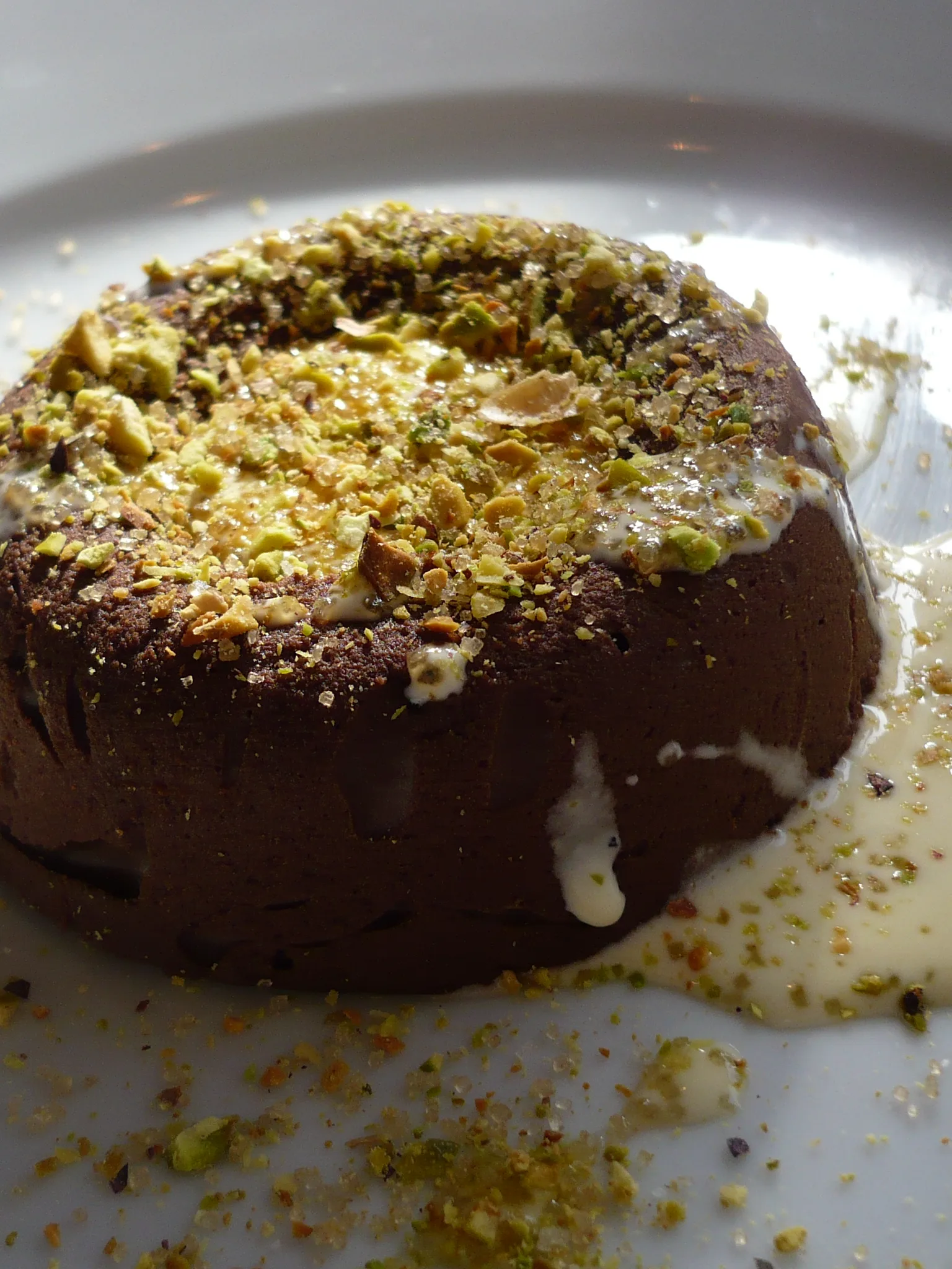 Chocolate marquise: Chocolate marquise with crème anglaise and roasted pistachios
