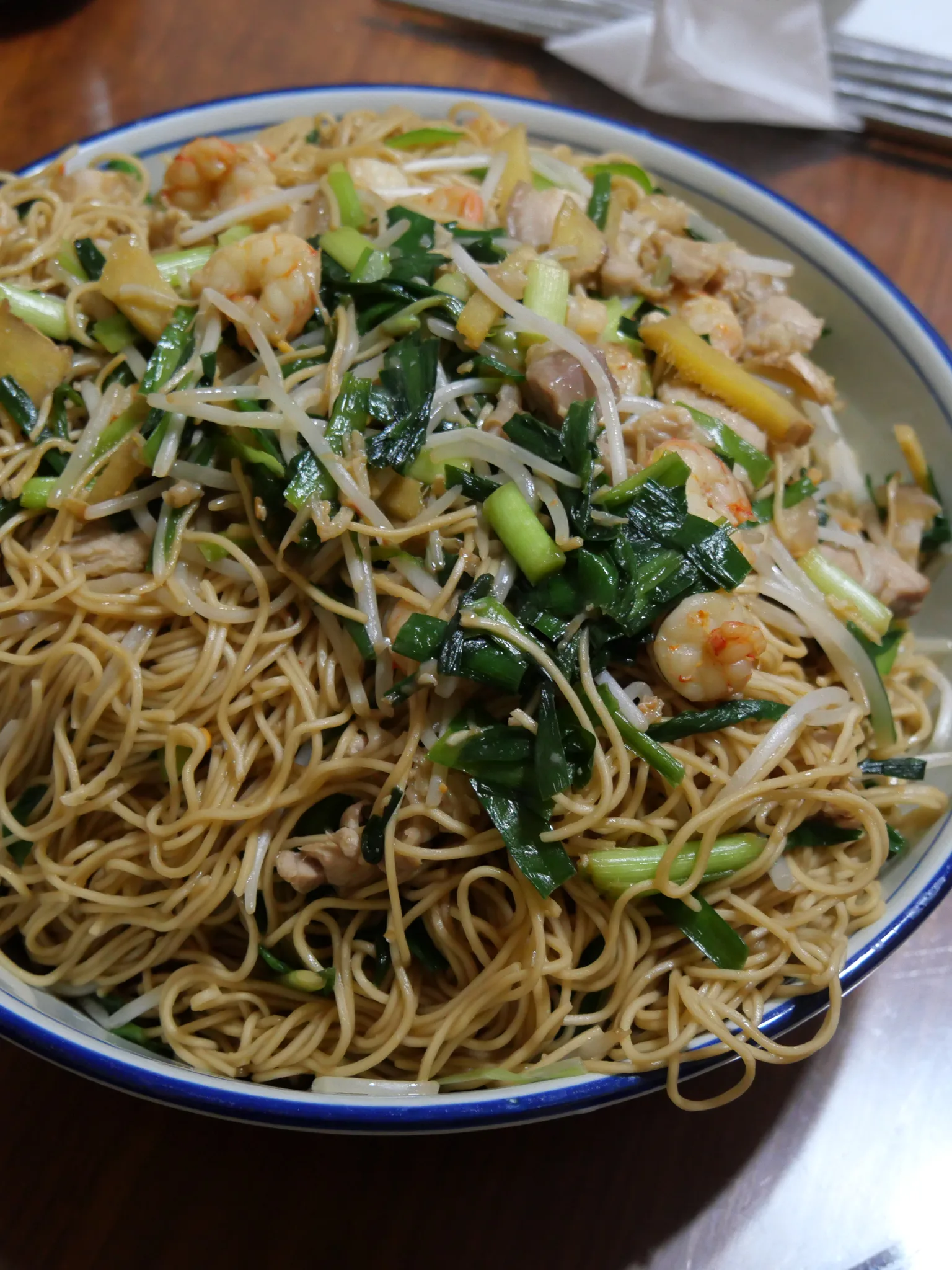 Chow mein: homemade Chow mein with shrimps and meat with a choy and Choung from my mother cooked at home