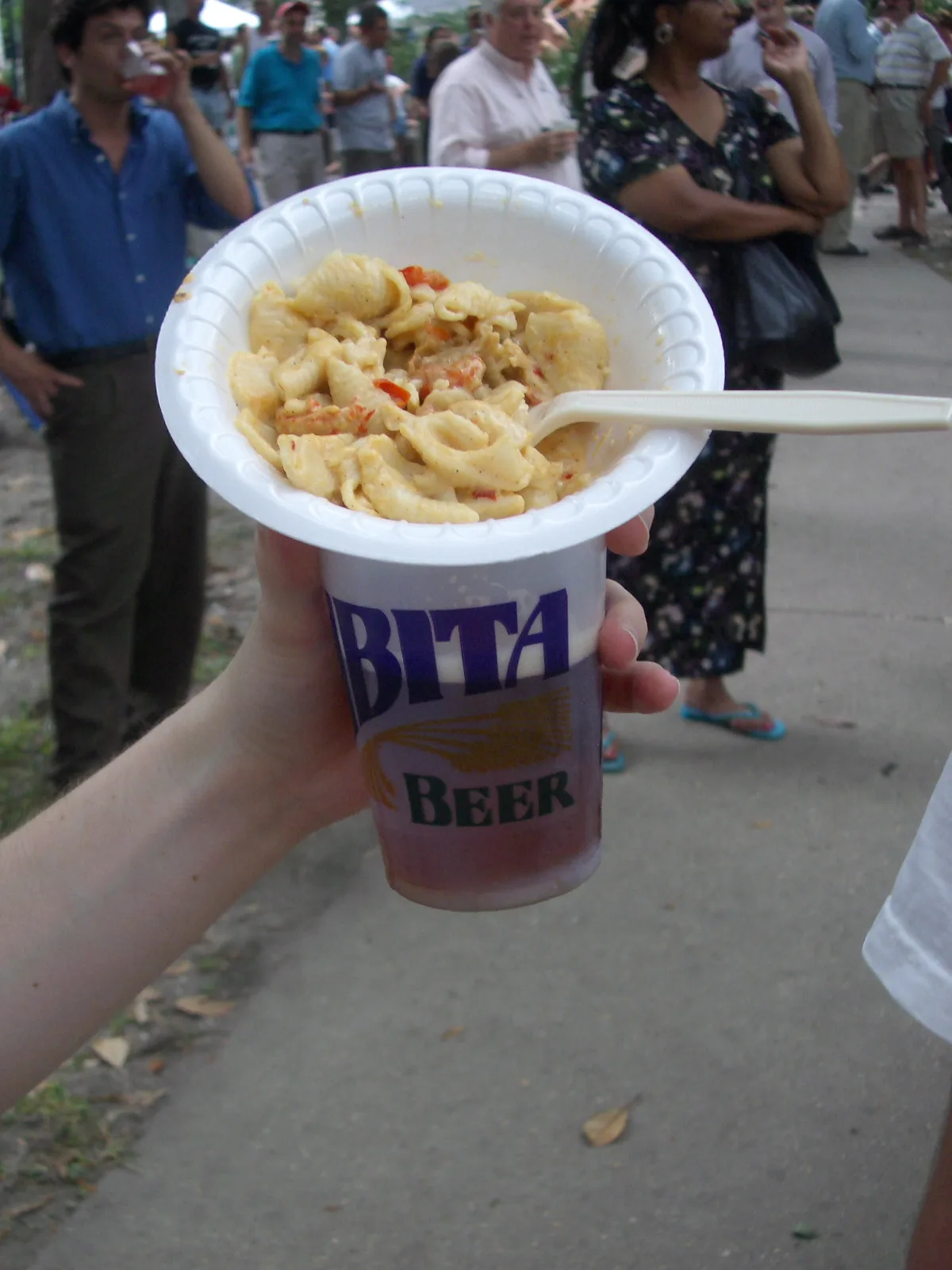 Crawfish Monica: Bowl of Crawfish Monica and cup of Abita beer, at free Wednesday concert in Lafayette Square, New Orleans