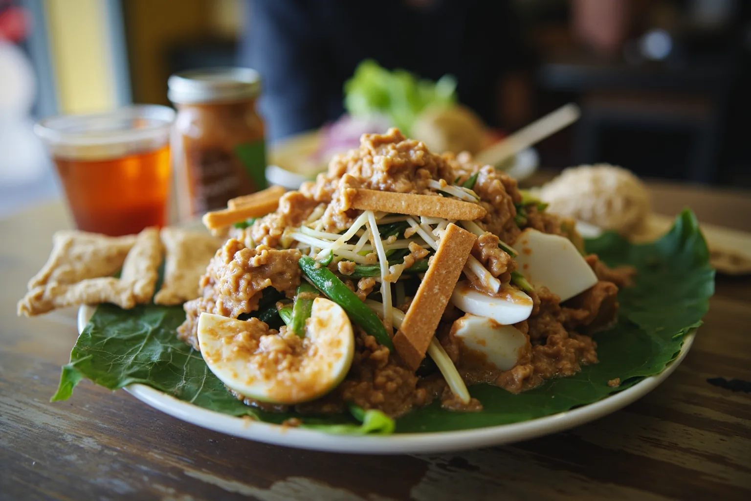 Indonesian gado-gado: blanched vegetables, fried tofu and tempeh, compressed rice cake, and a halved boiled egg smothered in thick warm peanut sauce, with krupuk udang (prawn crackers), served on a banana leaf at a Padang warung