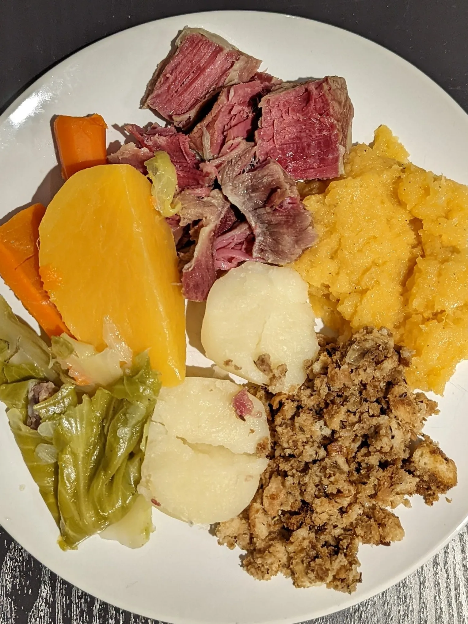Jiggs dinner: Jiggs dinner: cabbage, turnip, carrott, salt meat, mashed turnip, dressing, potatoes