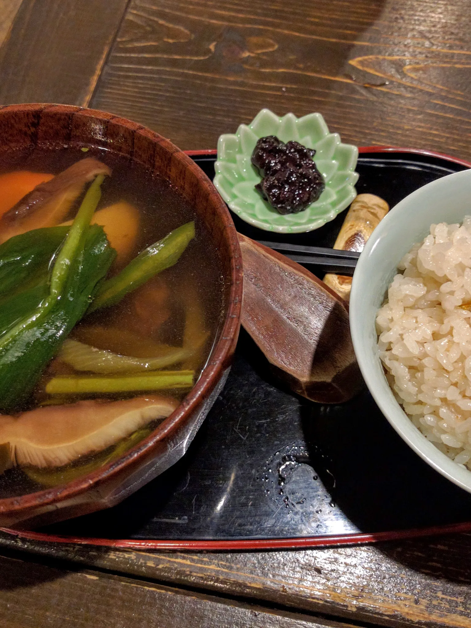 Mefun: An Ainu "set meal" with venison and mountain vegetable soup ( yuk ohaw ), fermented salmon liver ( mefun ) and rice mixed with grains. Served at Cafe Poronno, Akan Kotan, Hokkaido, Japan