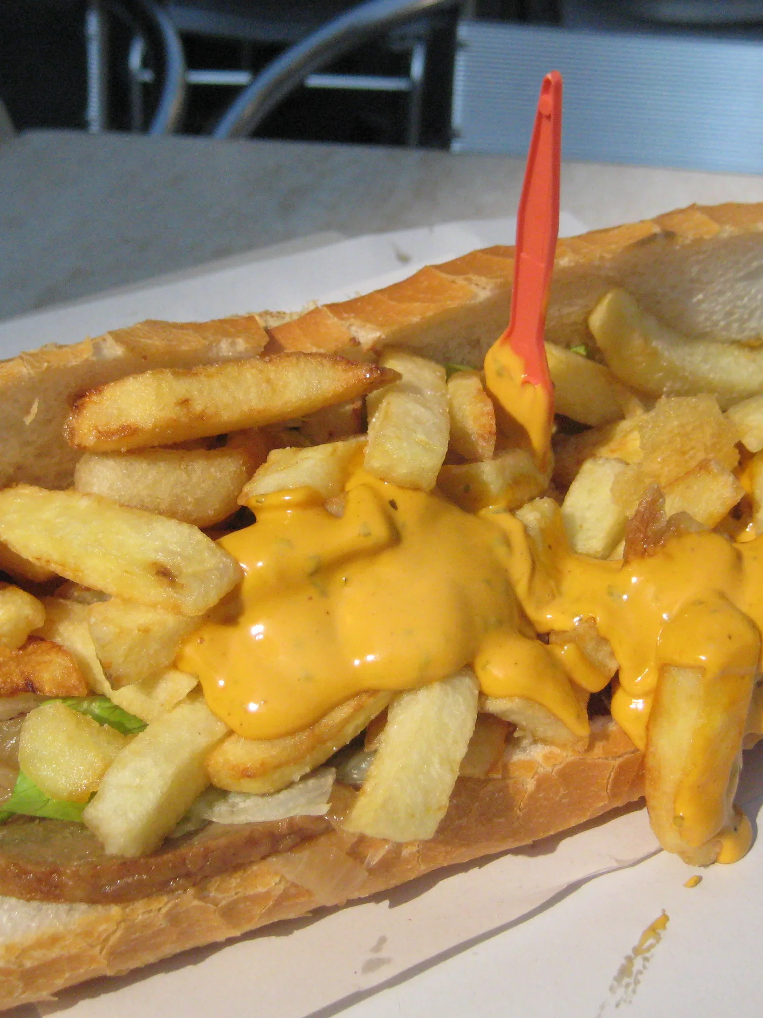 mitraillette: A Mitraillette, a sandwich with meat, fries and sauce