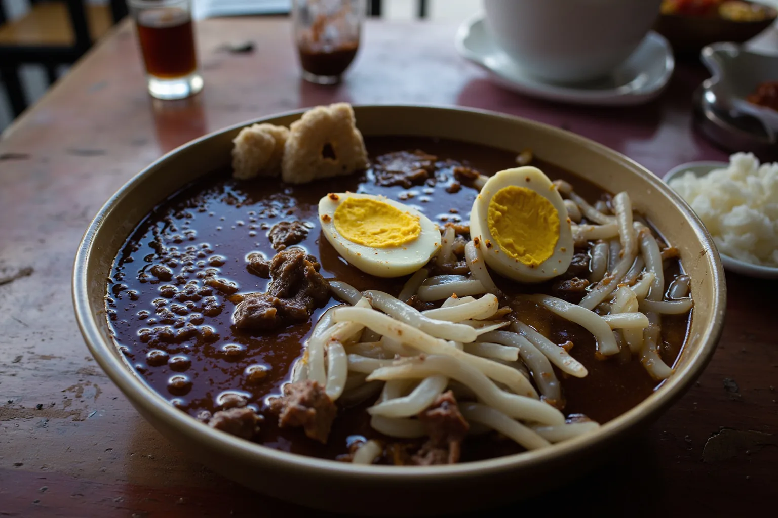 East-Javanese rawon: chunks of beef shank in a near-black kluwek-nut broth with bean sprouts, halved boiled egg, fried shallots, krupuk, on an earthenware bowl at a Surabaya warung