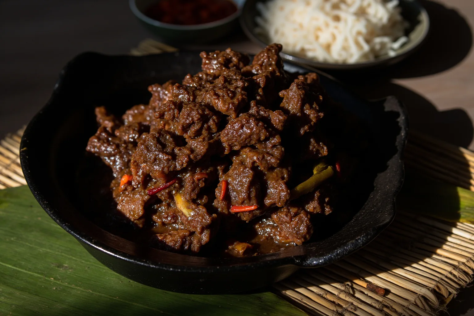 Minang rendang: dark caramelised slow-braised beef shank in oily spice paste with chili and lemongrass, on a banana leaf with nasi putih and sambal ijo, at a Padang warung