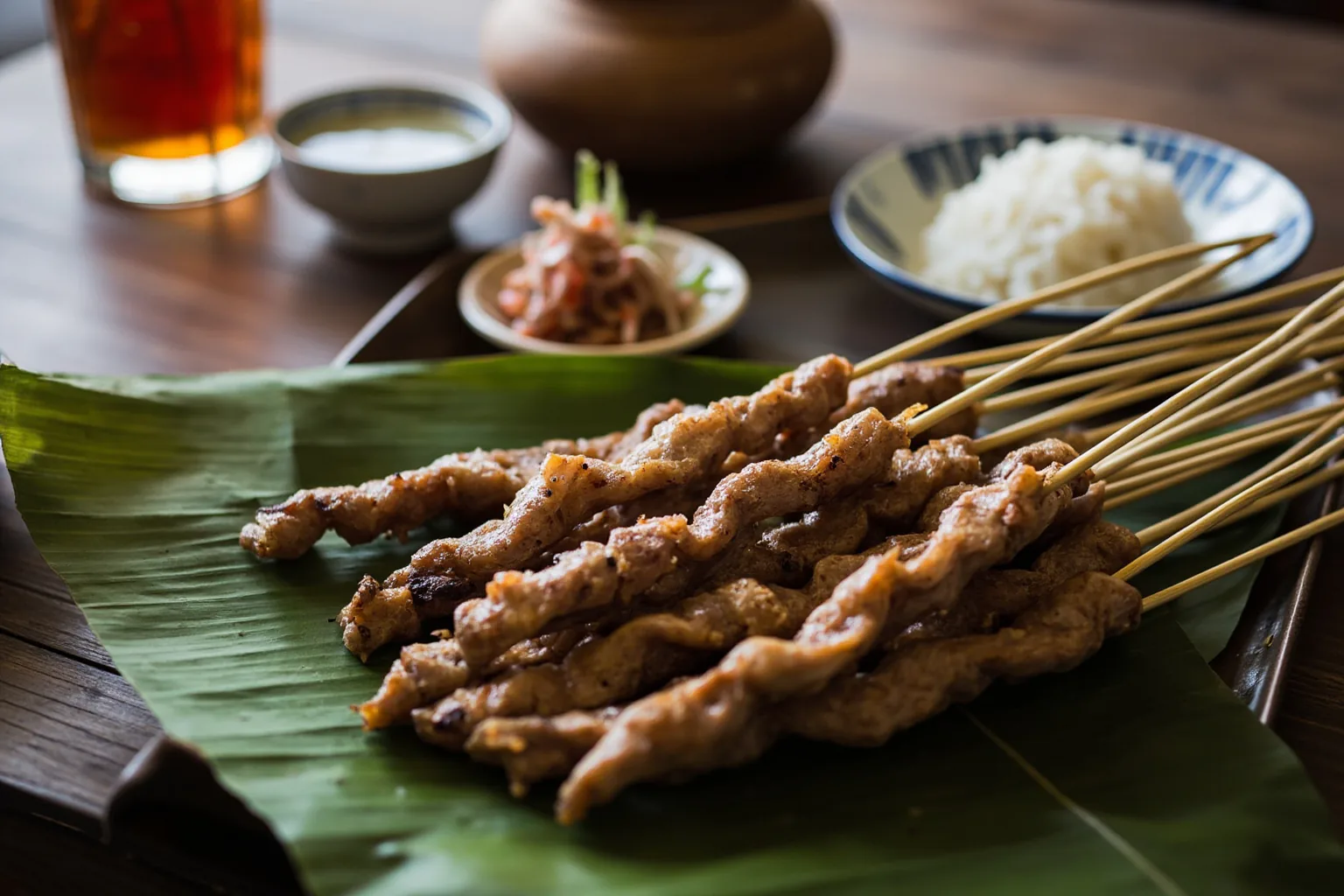 Balinese sate lilit: long bamboo skewers wound with a rope-spiral of finely minced pork with grated coconut, lemongrass, shallots and kaffir lime, with char on the spiral ridges, on a banana leaf with rice and sambal matah, at a Ubud warung
