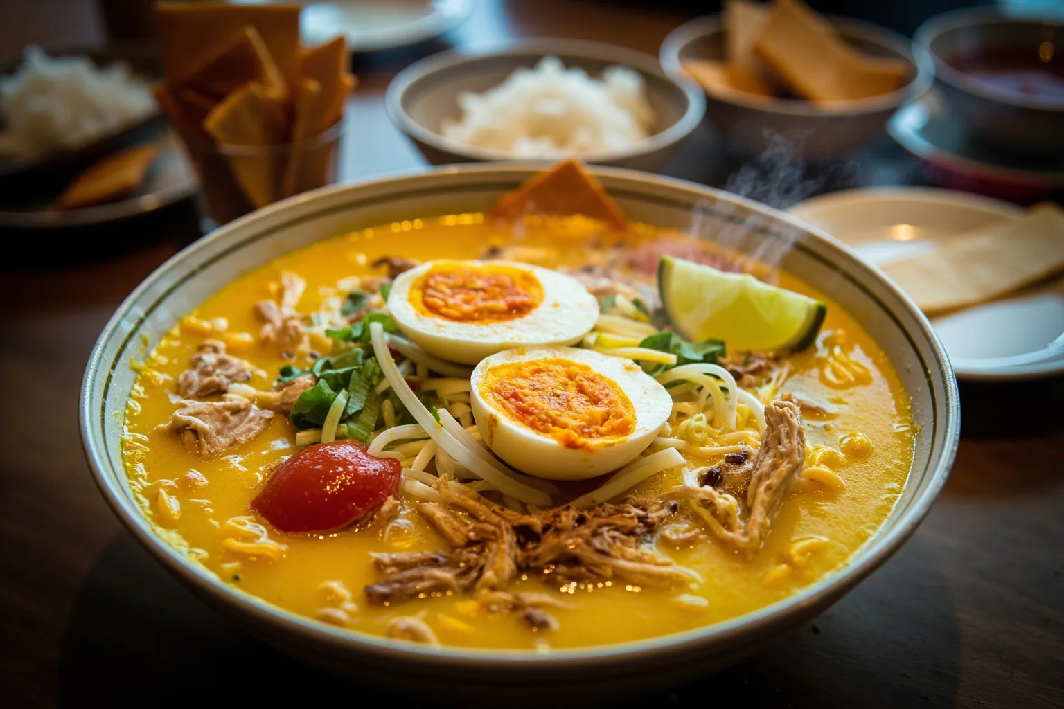 Indonesian soto ayam: clear golden-yellow chicken broth (turmeric) with shredded chicken, glass vermicelli (soun), bean sprouts, halved boiled egg, krupuk and sambal, at a Javanese warung