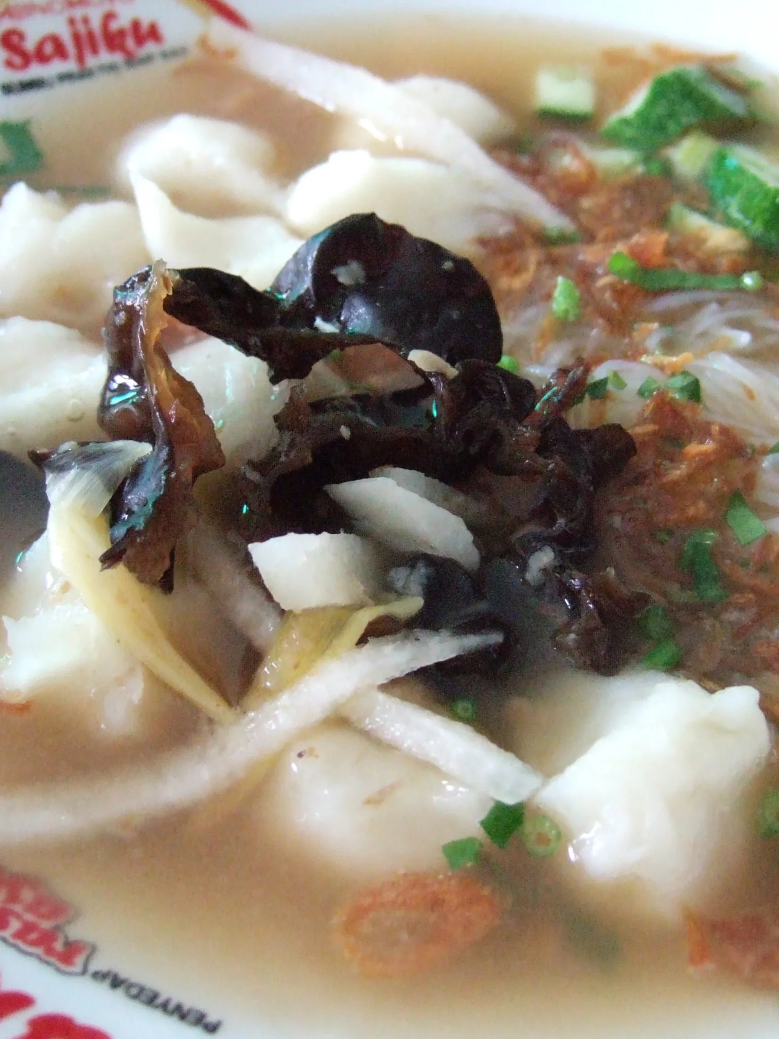 Tekwan: Tekwan, fish balls, julienned jicama, and jelly ear in shrimp stock. Specialty of South Sumatra